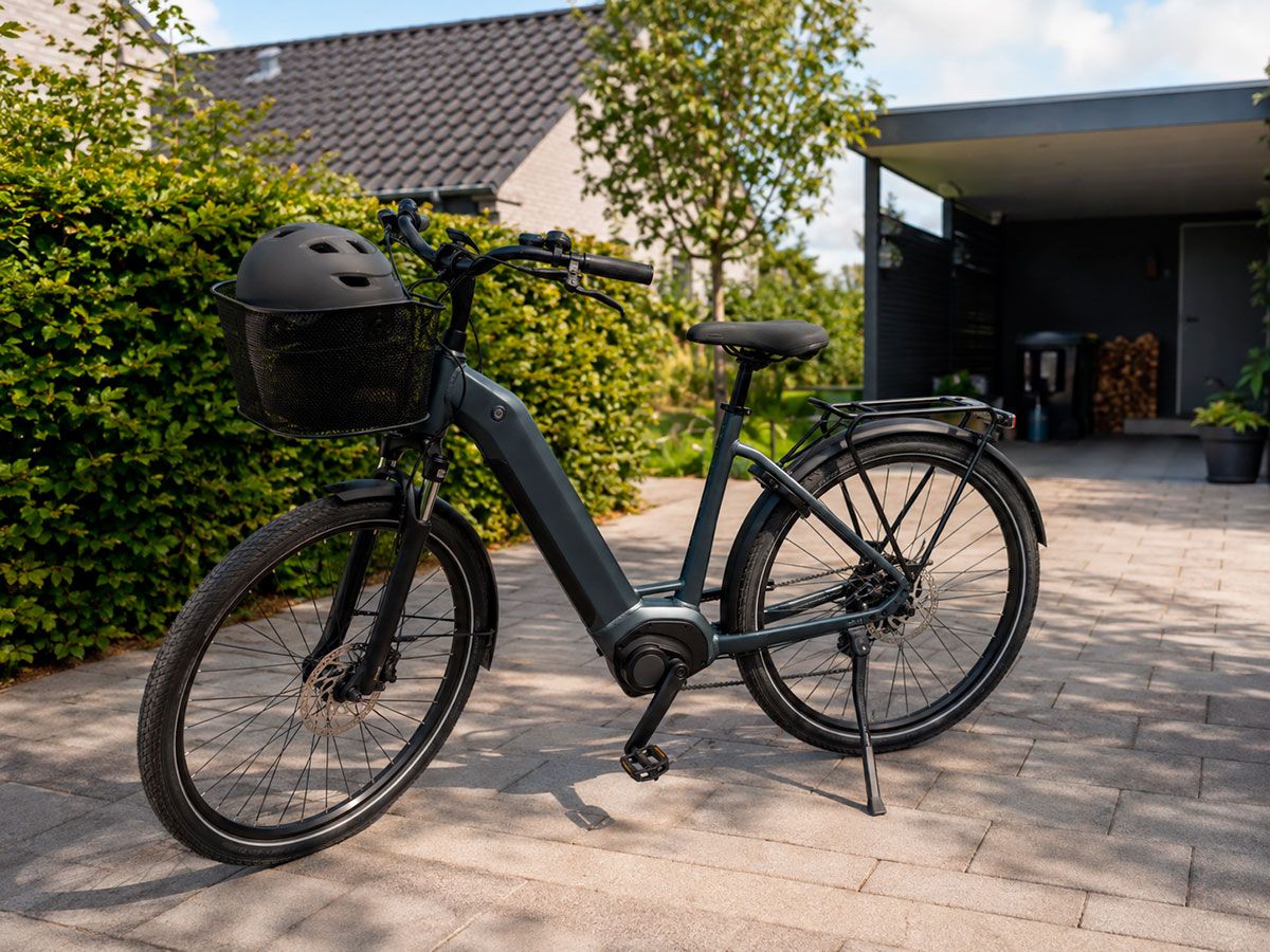 Elcykel parkeret med cykelhjelm haengende paa styret
