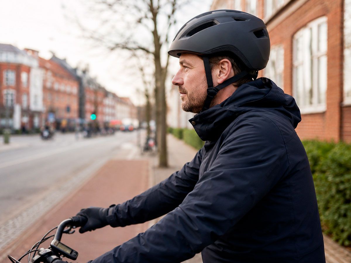 Cyklist med cykelhjelm, taet paa