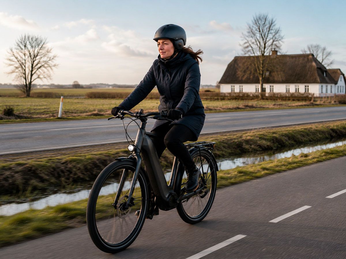 Cyklist med cykelhjelm paa landevej om aftenen